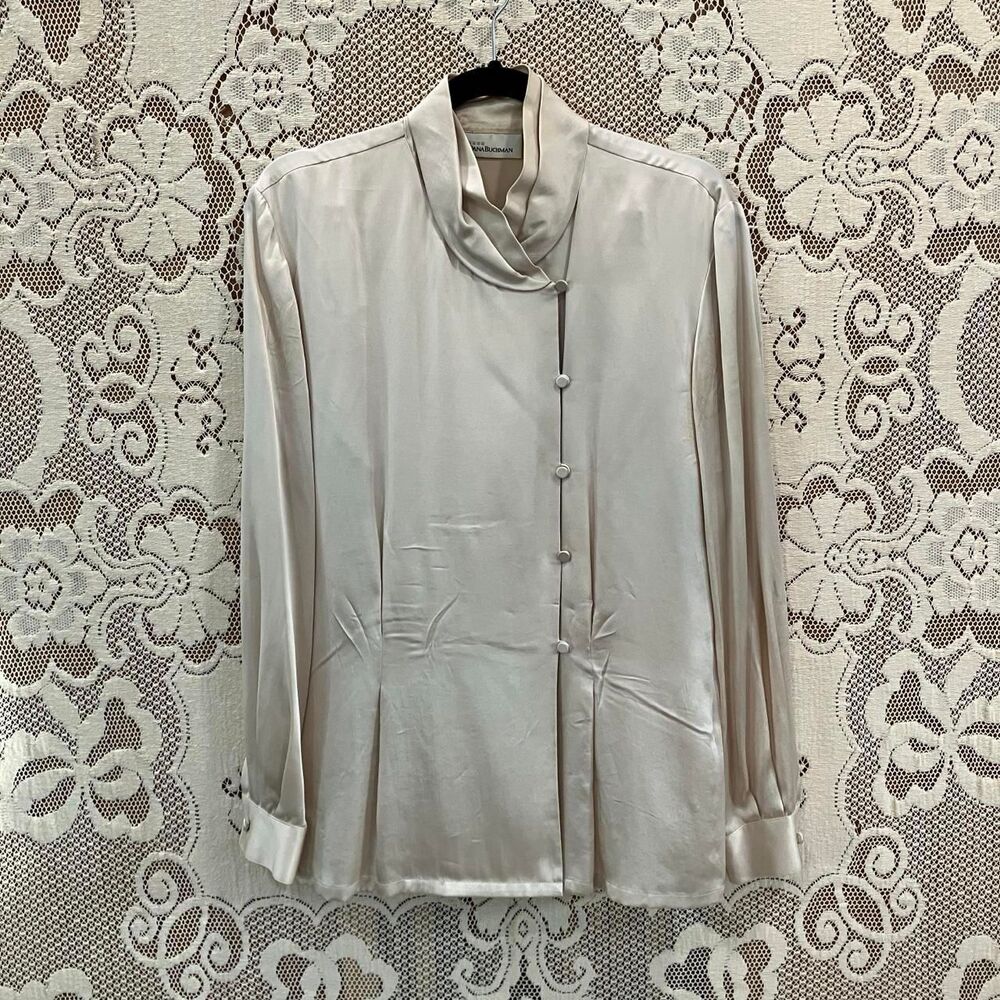 Dana-buchman Women's Cream 100% Silk Blouse Double-Breasted Button-up